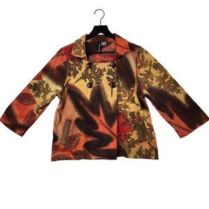 Boutique Women's Blazer Top Medium Botanical Artsy Leaf Block Print Boho Buttons